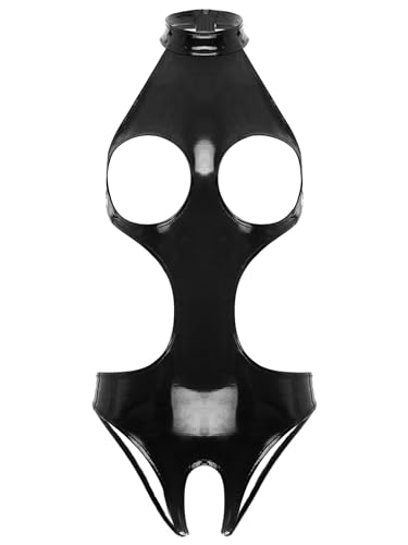 Freebily Damen Wetlook Body Brustfrei Latex Catsuit Kleid Ouvert Lackleder Bodysuit Nachtwäsche Pole Dance Nachtclub Outfit Schwarz XL