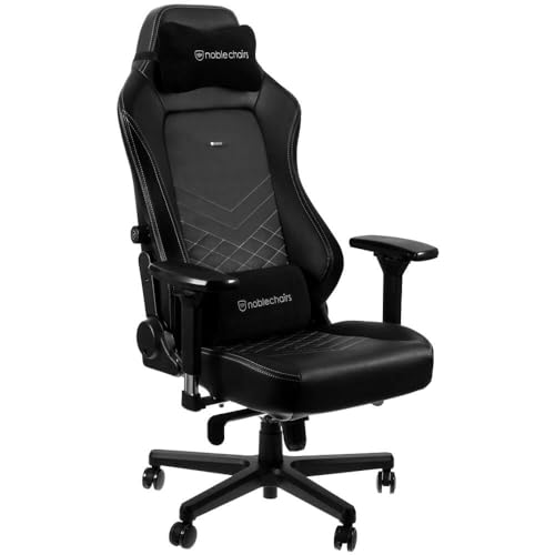 noblechairs Hero Gaming Stuhl 150 kg Belastbarkeit, PU-Kunstleder Bürostuhl Ergonomisch, Schreibtischstuhl Schwarz/Platinweiß, PC Drehstuhl mit Rollen, Gamer Sessel, Inklusive Kissen