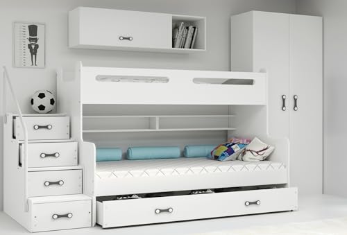 Interbeds Etagenbett Hochbett Stockbett mit Treppe und Stauraum Kinderbett Stauraumbett für Kinder und Jugendliche Bettgestell mit Lattenrost (weiß+ weiß)
