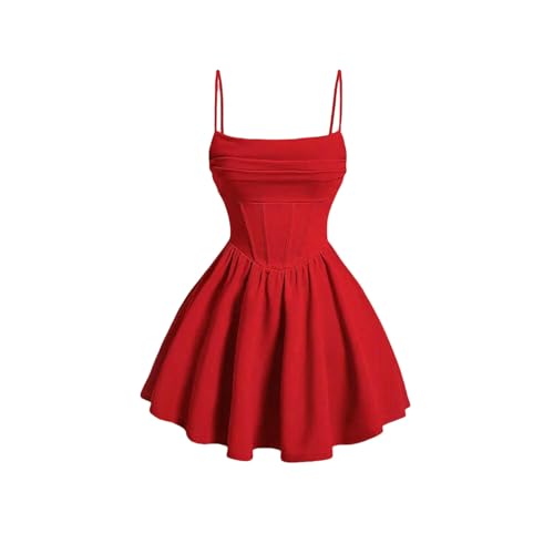 YIMAISZQ Kleid Frauen Mit Geringer Korsett Spaghetti -Riemen Und Flare Flowy Skater Mini Cami Kleid-rot-XXS