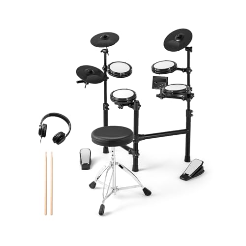 GOPLUS E-Drum Set, E Schlagzeug leises Mesh Kit mit 150 Sounds, 10 Demo, 2 Pedale & 2 Drumsticks, Electric Drum Set mit verstellbarer Sitz, USB-MIDI, Elektronische Schlagzeug für Anfänger & Erwachsene