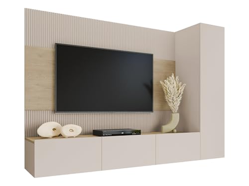 Mirjan24 Wohnwand Deromi VI, Anbauwand mit Wandpaneele und TV-Lowboard, Akustikplatten, Fernsehschrank, Schrankwand, Mediawand, Hängeschrank (Sandbeige + Eiche Cremona)