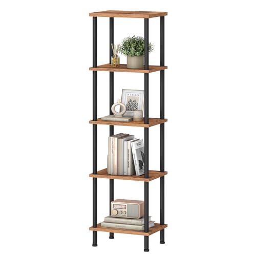 HOOBRO Bücherregal mit 5 Ebenen, Retro-Standregal, DVD-Regal, Büroregal, offene Ablagen, Freistehendes Regal, Einfache Montage, für Wohnzimmer, Büro, Vintagebraun und Schwarz EBF135SJ01