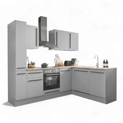 Stella Trading Denver Moderne Eckküche mit Elektrogeräten in Grau, Lancelot Eiche Optik - Geräumige Küchenzeile in L-Form mit viel Stauraum - 250 x 211 x 60 cm (B/H/T)