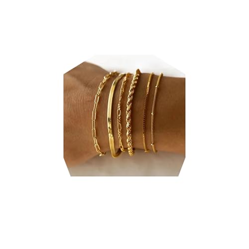 6-stückiges Set goldfarbene 14K Edelstahlarmbänder für Frauen - Charm-Armbänder, wasserdicht, hochwertiger Schmuck