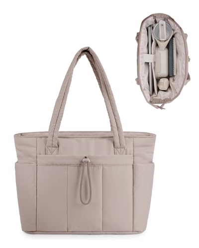 Wandering Nature Handtasche Damen Tote Bag 20L Groß Gesteppt Shopper Tasche mit Laptopfach (15,6 Zoll) & Getränkehalter (40oz/1.18L), Ideal für Büro Schule Reisen Shopping, Beige (Patent Angemeldet)