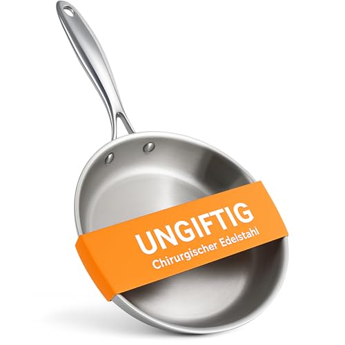 Ziruma Ungiftige Edelstahl-Bratpfanne 20 cm in medizinischer Qualität, mehrschichtiger Aufbau für schnelle und gleichmäßige Wärmeverteilung, PFOA-frei, für Induktion und Backofen bis 260 °C geeignet