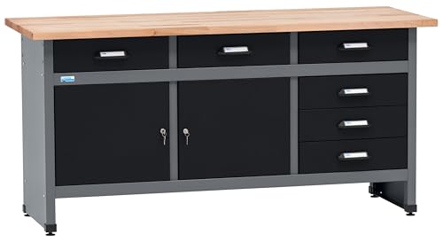 Küpper Werkbank 12179, 170x84x60 cm, 6 Schubladen, 2 Türen, 300 kg Traglast, 30 mm Massive Buchenarbeitsplatte (Schwarz, 170x84x60 cm)