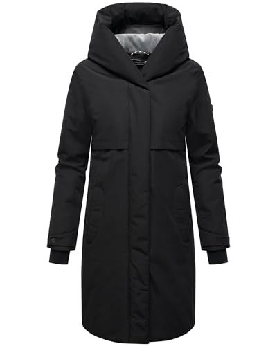 Navahoo Damen Langer Mantel warme Winterjacke mit Kapuze und magnetischen Knöpfen Domingaa 14 Black Gr. XXL