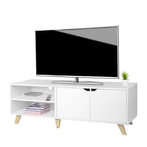 Relaxdays TV-Lowboard, 6 Fächer, TV-Schrank bis 60 Zoll, HBT: 50 x 140 x 40 cm, Fernsehtisch mit Kabelführung, weiß