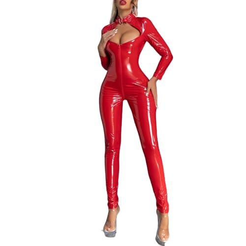 Damen Wetlook Catsuit mit Reißverschluss Lackleder Sexy Katzenkostüm Enge Kleidung Body Langarm Jumpsuit Ouvert Bodysuits Einteiler Overall Playsuit Cosplay Catwoman Clubwear Tanzparty Kostüm Rot-M