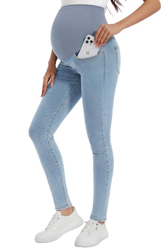 PACBREEZE Damen Umstandsjeans über dem Bauch Skinny Stretchy Denim Pants Bequeme Slim Schwangerschaftshose, 04: hellblau2, M