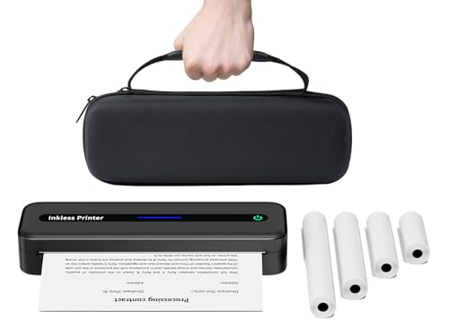 Mobiler Thermodrucker A4 für Unterwegs, Büro & Zuhause, Keine Tinte, Kabellos Bluetooth Tragbarer Drucker 300 DPI Kompatibel mit IOS & Android, Mit Tragekoffer und 4 Rollen Thermopapier - Schwarz