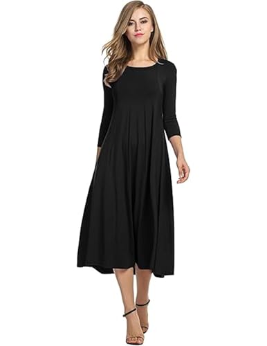 Hotouch Damen Kleider Elegante Midi Tunika Kleid A-Linie 3/4 Ärmel Kleid Rundhals Einfarbig Freizeitkleider Herbst Winter Kleider Schwarz M