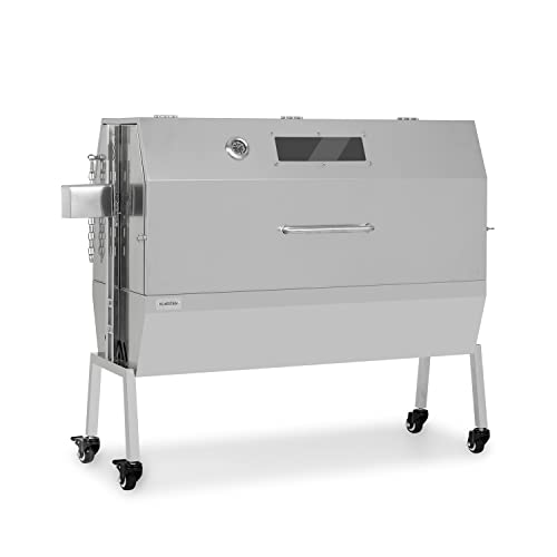 Klarstein 2-in-1 Rotisserie Grill mit Motor, Drehspieß, Großer Spießgrill für Spanferkel, Sichtfenster, Spieß Edelstahl-Rost, Holzkohlegrill Bodenrollen, Silber, 15 Watt