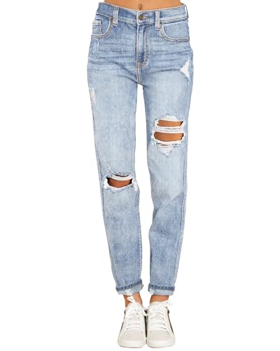 Roskiky Jeanshosen Damen Freizeithose Sommer 3/4 Straight Hose Herbst Graue Jeans Blau M