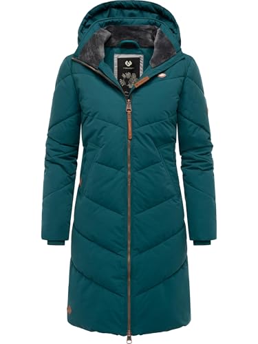Ragwear Damen Wintermantel warmer wasserdichter Steppmantel lang mit abnehmbarer Kapuze Rebelka Dark Green22 Gr. M