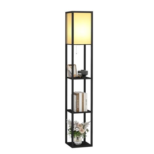 Fullwatt Stehlampe mit Holzregal Innenbeleuchtung Holz Stehleuchte mit Regalen für Schlafzimmer und Wohnzimmer (schwarz)