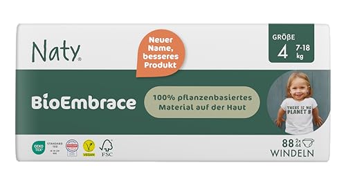 Naty BioEmbrace Baby Windeln Größe 4 (7–18 kg) | 100% pflanzenbasierte Materialien auf der Haut | Atmungsaktive Weichheit, dermatologisch getestet, exzellente Saugkraft | 88 Stück