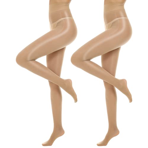 MANZI 2 Paar Ölig Glanzstrumpfhosen Damen Sexy Seidenglatt Feinstrumpfhose 15 Den Transparent Reißfest Natur,S-M