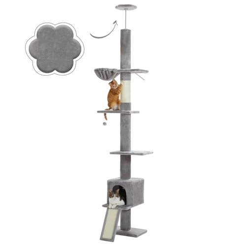 PAWZ Road Kratzbaum deckenhoch, Katzenbaum vom Boden bis zur Decke verstellbar, höhenverstellbar (216-273cm), Katzenturm mit Hängematte und Katzenhöhle, Anti-Sturzgurt Grau