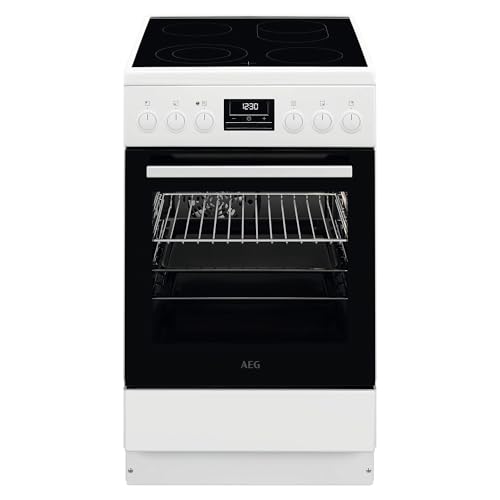 AEG Standherd mit Glaskeramik-Kochfeld, 50cm, A, 1 Paar Teleskopschienen, Versenkknebel, Grillfunktion, Display mit Uhr, Weiß, CCB5449OBW