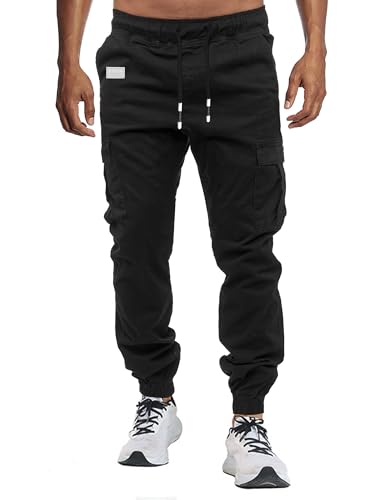 VMSUCIJ Herren Hose Chino Cargo Hose Jogginghose Baumwolle Casual Jogger Männer Modern Sport Jogginghosen für Herren Sweatpants mit elastischem Bund und Kordelzug und Taschen,Schwarz 02,L