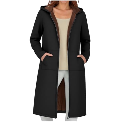 ZWDC Damen Kapuzenmantel Langer Mantel Frauen Lässige Wintermantel Freizeitmantel Windbreaker Outdoorjacke mit Reißverschluss Taschen für Alltag Reisen Streetwear