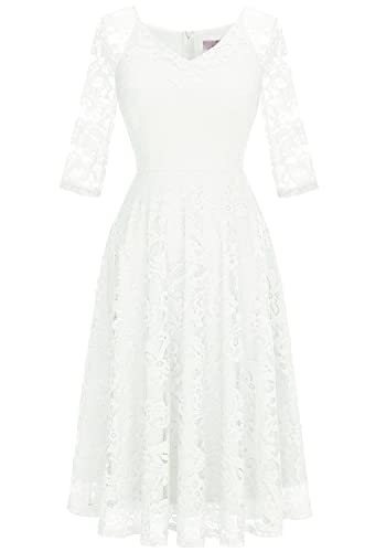 Dressystar Damen Abendkleider Elegant für Hochzeit Cocktailkleid Lang Ärmel Standesamtkleid Weiß XL