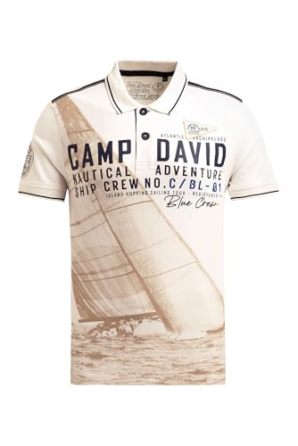 Camp David Herren Kurzarmpolo mit Logo- und Photoprint Ecru, XXL