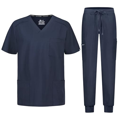 B-well MATTEO Herren-Schrubb-Set Schlupfkasack + JoggeR Hose Set Medizin Arzt Uniform Medizinische Berufsbekleidung mit Elastan (DE/NL/SE/PL, Alphanumerisch, M, Regular, Regular, Grau)