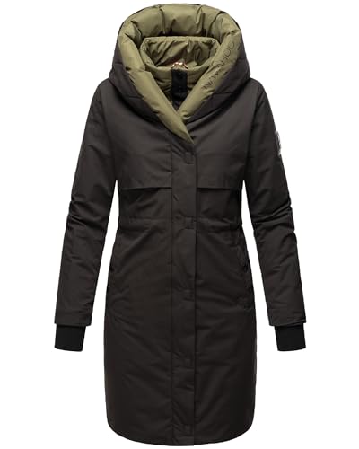 Navahoo Damen Mantel lange warme Winter Steppjacke mit Kapuze und magnetischen Elementen Snowelf Black Gr. M