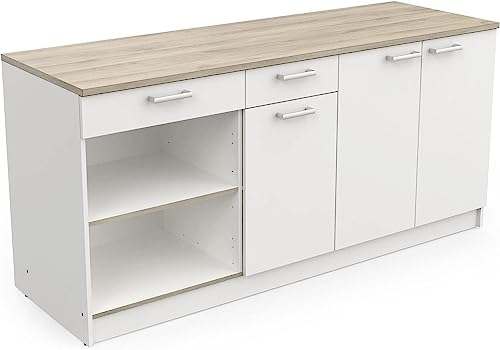 habeig Küche, Küchenschrank, Kompaktküche, variabel aufbaubar, Singleküche, 65kg! schwer, mit Arbeitsplatte, Weiss, Eiche, 180x60x85cm (LxTxH) #432