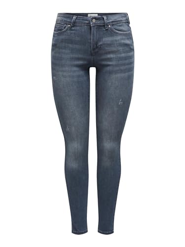 ONLY Damen Skinny Fit Jeans | Normal Waist Denim Stretch Hose | Bleached Used Design ONLWAUW, Farben:Dunkelblau, Größe:L / 30L