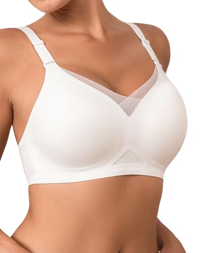 SHARICCA Damen BH ohne Bügel Push-Up Spitzen-BH Nahtloser T-Shirt BH mit Vollbügel Weicher Wireless Bralette Atmungsaktiv für Alltag Schlaf,Weiß,XL