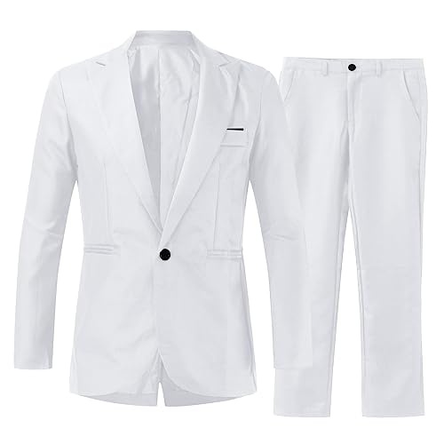 Generisch Anzug Herren Slim Fit 2 Teilig Anzüge Herrenanzug Sakko für Hochzeit Business Modern Anzüge Sakko Anzughose Herren Elegant Einfarbig Einreihig Partyanzug (White, XL)