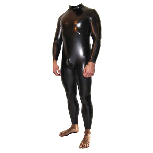 Rubberfashion Wetlook Catsuit - Ganzkörper Glanz Ganzanzug Suit - Schritt offen für Damen und Herren Schwarz Metallic XXL