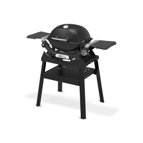 Weber Q 1200N Gasgrill mit Seitentischen & kompakten Stand/Grill für Terrassen und Balkone mit Hochleistungsbrennern, porzellanemaillierten Gussrosten und elektronischer Zündung, Mitternachtsschwarz