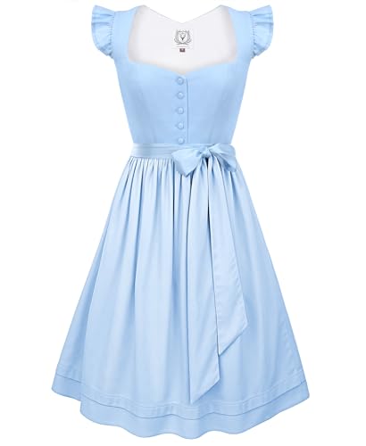 DIRNDLSTERN Damen Midi Trachtenkleid - Dirndlkleid Hellblau Trachtenmode Kleid mit Klettverschluss Flügelärmel 38