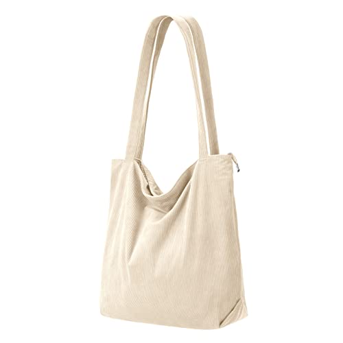 benpen Cord Uni Tasche Shopper Damen,Beige Schule Handtasche Groß Schultasche Umhängetasche Tote Bag Unitasche Arbeitstasche mit Reißverschluss Fächern,Geschenk für Sie Damen