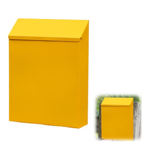 WRQIOO Briefkasten Klein, Postkasten mit Schloss und 2 Schlüsseln, Dekorativer Briefkasten Bunt, Wandbriefkasten, Eisenkunst Zaunbriefkasten für Zuhause, Büro, Garten (Gelb,22x6.5x29cm)