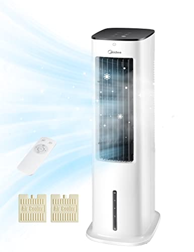 Midea 4-in-1 Mobile Klimaanlage ohne Abluftschlauch | Turmventilator mit Wasserkühlung & Luftbefeuchter | | Luftkühler mobil mit 5L Wassertank, 355m³/h Luftstrom, Ionisation, Fernbedienung (55W, Weiß)