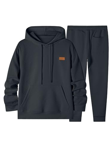 Elegancity Herren Jogginganzug Set Casual 2-Teiliger Trainingsanzug mit Kapuzenpullover und Herren Jogginghose Casual Sportanzug Pullover Hoodie Laufanzug mit Strukturmuster，Dunkelgrau L