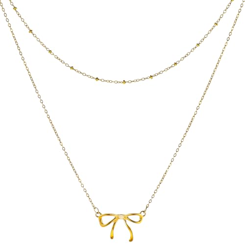 ElevateTech Gold-Lagenhalsketten für Damen, Schleifenhalskette, zierliche 14-Karat-vergoldete Halsketten, trendiger Schleifenanhänger, Choker-Kettenhalskette, Stapelschmuck, Geschenk für Frauen