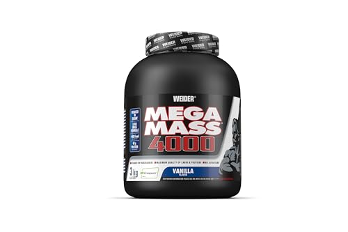 Weider Mega Mass 4000 - Weight Gainer Pulver mit 48g Protein & Kreatin pro Portion - Für Muskelaufbau & hohe Kalorienaufnahme - 3kg - Vanille