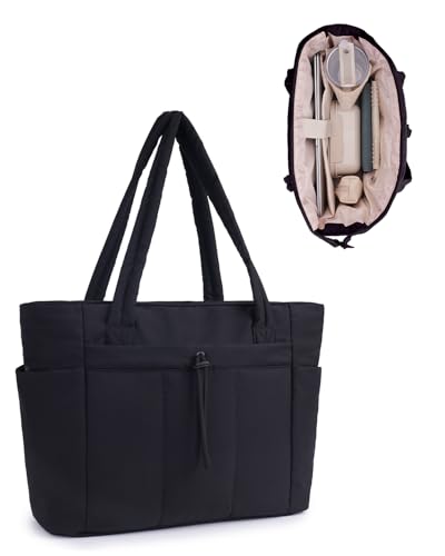 Handtasche Damen Tote Bag 20L Groß Gesteppt Shopper Tasche mit Laptopfach (15,6 Zoll) & Getränkehalter (40oz/1.18L), Ideal für Büro Schule Reisen Shopping, Schwarz (Patent Angemeldet)