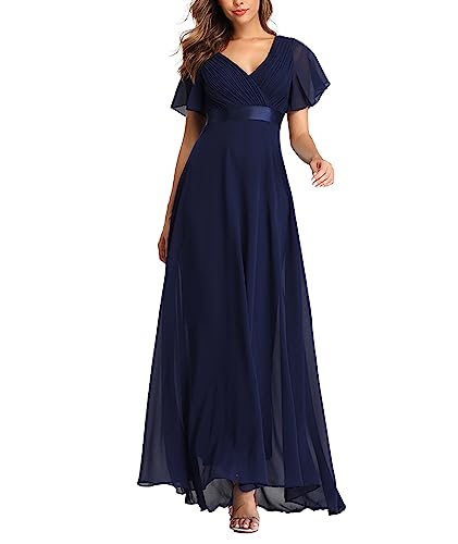 ECDAHICC Damen Abendkleider Gürtel V-Ausschnitt Hohe Taille A-Linie Chiffon Brautjungfernkleid Elegant Lang Ballkleid(ZQ,M)