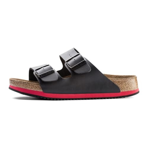 Birkenstock Sandale Arizona Superlauf, Birko-Flor Pantolette Schuh Halbschuh Latsche Zweischnaller Berufsschuh Schuhe Birki Arizona Slipper - Schwarz/Rot - Normal - Gr. 40