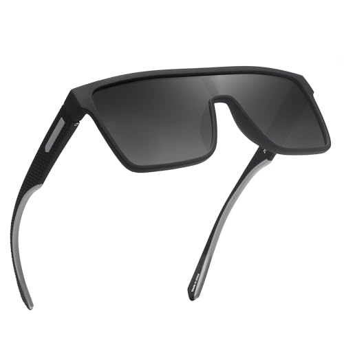 GLINDAR Polarized Shield Sonnenbrille für Herren Square Flat Top Sportbrille Schwarzer Rahmen/Graue Linse