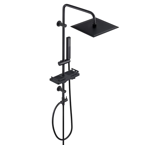 Görbach Regendusche Duschsystem mit Ablage,Wassersparend,Edelstahl Duschset ohne Armatur mit Eckig Kopfbrause Rund Duschstange Schwarz (20x20cm)